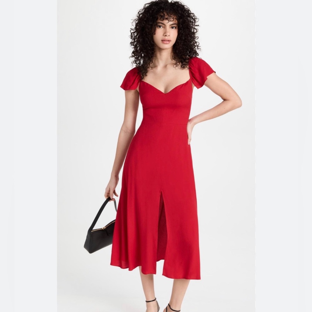 Reformation Baxley mid dress flutter cap-sleeves size 4 red sweetheart neckline